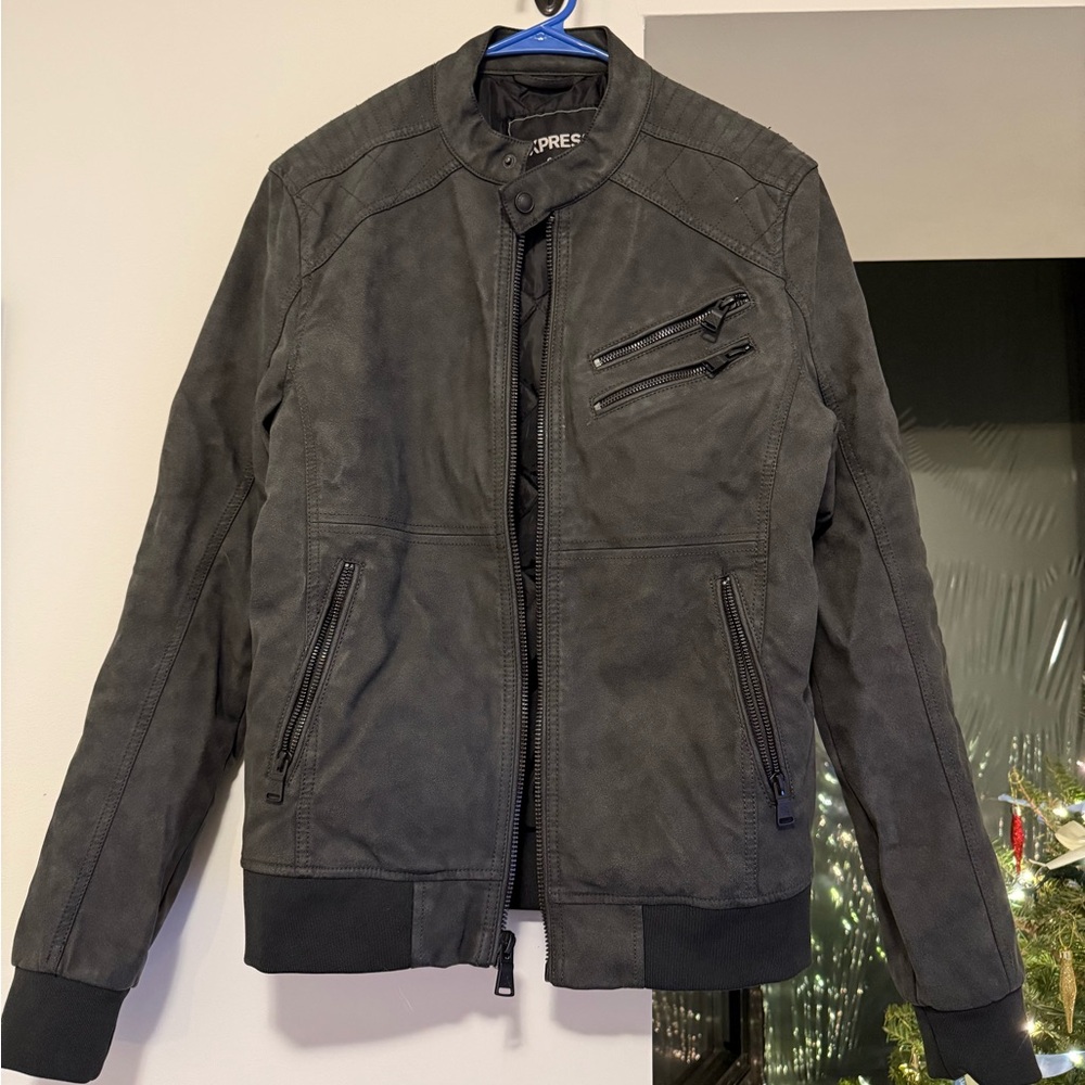 Express Gray Bomber Jacket with Stand-Up Collar and Full-Length Zipper